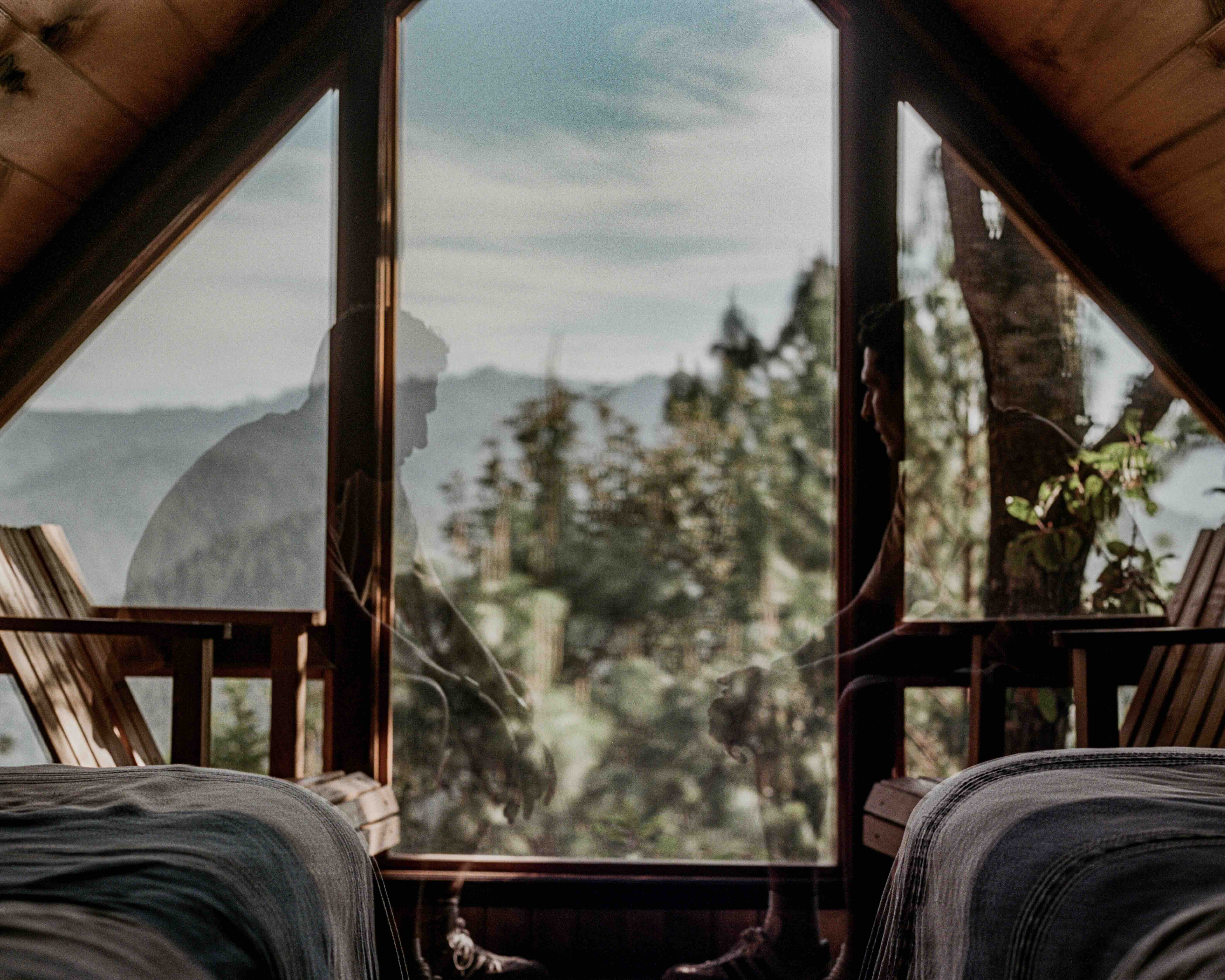 A-frame cabin view double exposure